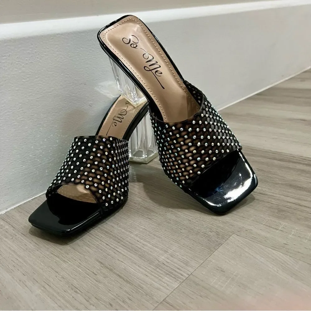 So me rhinestone black netted mule heels with clear chunky block heel sz 7 NWT